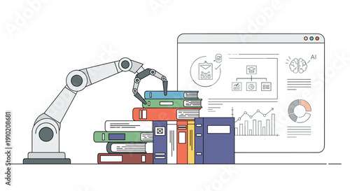 An automated robotic arm efficiently organizes and stacks a collection of colorful books, symbolizing digital data management and artificial intelligence in a modern technological landscape.