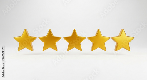 Golden five star rating symbol with shiny stars on white background for feedback and review concepts