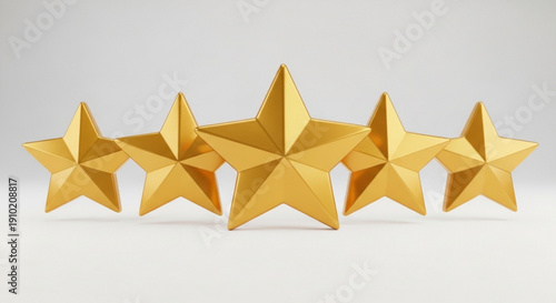 Five gold stars arranged in a row on a white background with subtle shadow symbolizing excellence and high rating