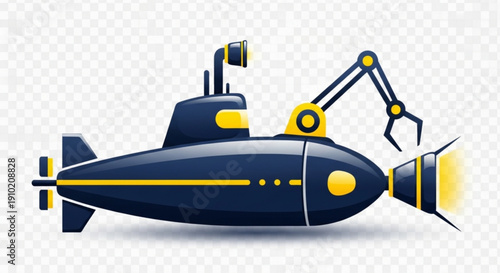 Dark blue submarine with yellow accents and robotic arm extended on transparent background for technology and transport concepts