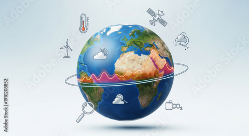 Earth with climate change concept globe surrounded by weather icons and graphs showing rising temperatures
