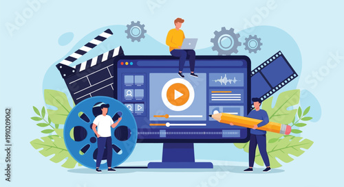 Illustration of three people around a computer displaying video editing software, with film reels, clapperboard, and gears, conveying a creative, collaborative vibe.