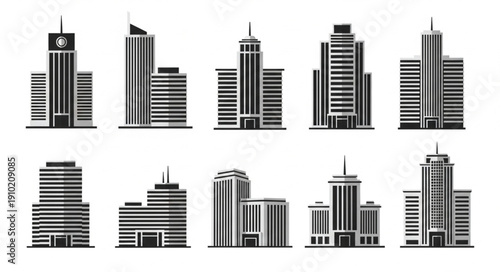 Modern city skyscrapers and office buildings in a collection of architectural illustrations.