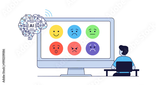 A person evaluates a diverse range of emotional states displayed on a computer screen, powered by artificial intelligence and machine learning.