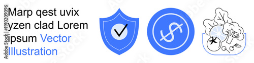 Financial security, payment protection, sustainable agriculture, eco-friendly practices, consumer trust, verified transactions. Blue checkmark shield, dollar icon and agriculture icon. Financial