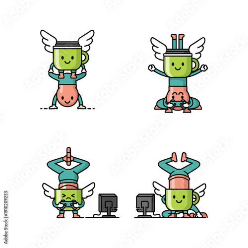 Cartoon computers practicing yoga in various poses with copy space