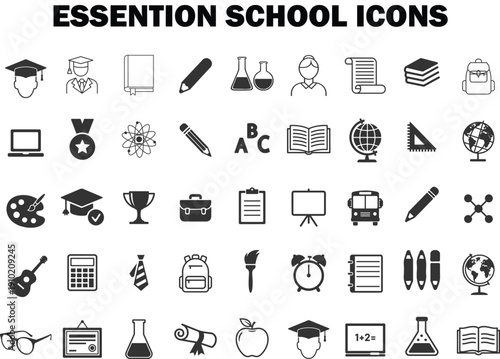 Essential School Icons Pack – 48 Minimalist Black and White Education Symbols for Learning, Teaching, Classroom, and Academic Design Projects
