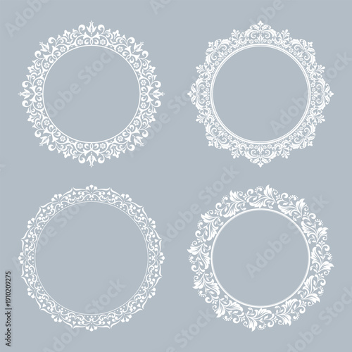 Set of decorative frames Elegant vector element for design in Eastern style, place for text. Floral gray and white frames. Lace illustration for invitations and greeting cards