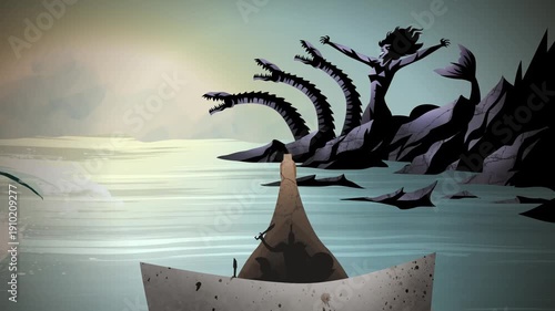 trireme boat sailing between scylla and charybdis greek mythology monsters