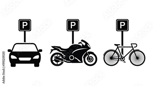 Three different types of vehicles parked in designated parking spots isolated on white background, Vector