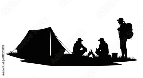 Silhouettes of people camping with a tent and campfire.