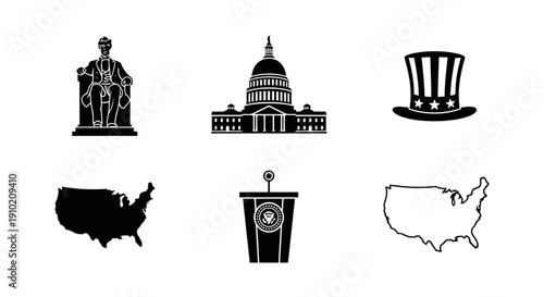 United States icons set including landmarks and symbols.