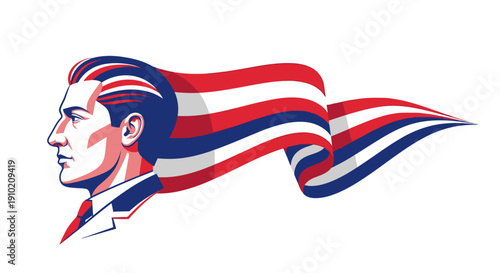 Stylized illustration of a man's profile with flowing red, white, and blue ribbons.