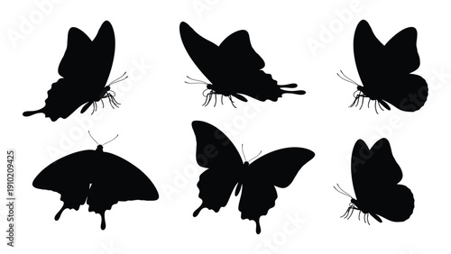 Six distinct silhouettes of butterflies showcasing various wing shapes and sizes isolated on white background, Vector
