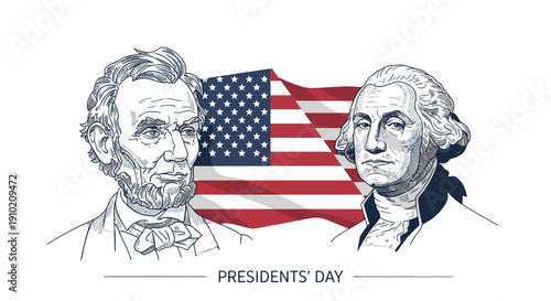 Presidents' Day illustration featuring Abraham Lincoln and George Washington.