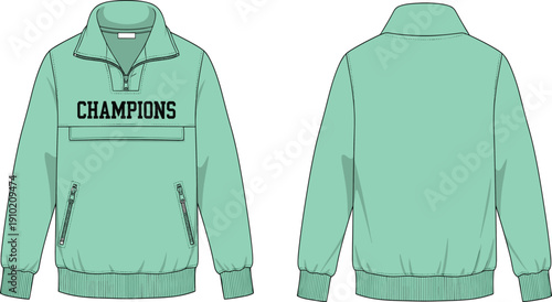 Fashion flat of a mint green quarter zip pullover jacket with CHAMPIONS" and zippered pockets front and back views