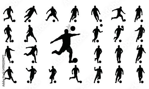 Large Collection of Soccer Player Silhouettes in Various Action Poses