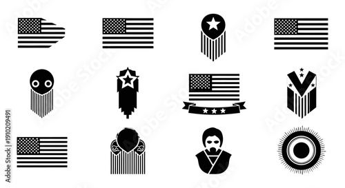 Collection of American flag icons in various designs and styles.