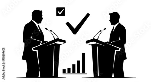 Two men debating at podiums with a checkmark and graph.