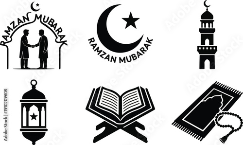 Ramzan Mubarak 2026 Set of 6 Clean Black Silhouette Icons Featuring Greeting Arch, Crescent Moon, Mosque Minaret, Lantern, Open Quran, and Prayer Mat 