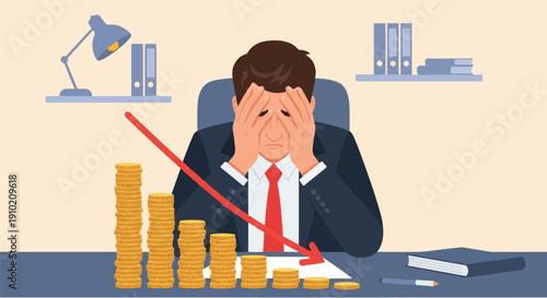 A stressed businessman sitting at his desk, with his head in his hands, facing a steep financial decline depicted by a downward trending graph and stacked coins