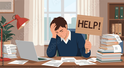 Overwhelmed businessman holding a help sign at a cluttered desk with stacks of paper and a laptop in an office environment