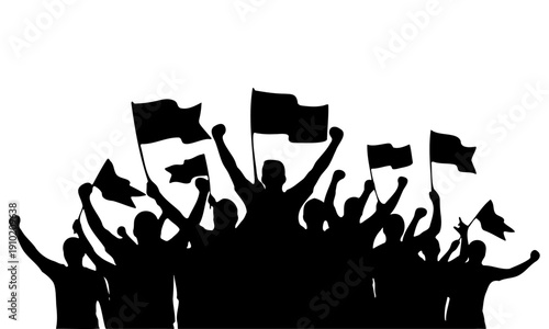 Crowd of Soccer Fans Cheering and Waving Flags Silhouette Vector