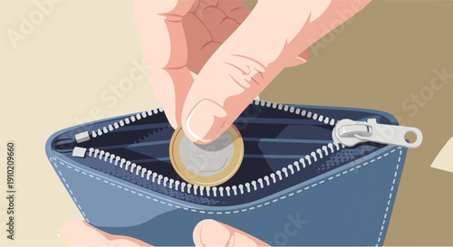 Close-up of a person's hand inserting a euro coin into a zippered blue wallet, illustrating personal finance and saving money