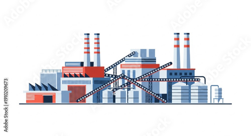 Industrial factory building with smokestacks producing energy.