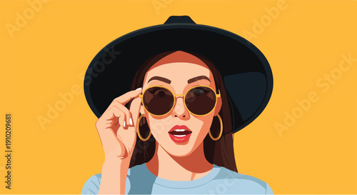 A fashionable woman with sunglasses and a hat, looking surprised on a yellow background