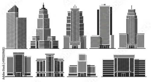 Modern City Skyscraper Buildings and Urban Architecture Vector Collection.