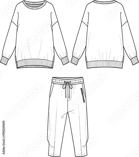Fashion flat of a two-piece women's loungewear set featuring a crew neck sweatshirt and cropped drawstring pants with a zippered pocket detail