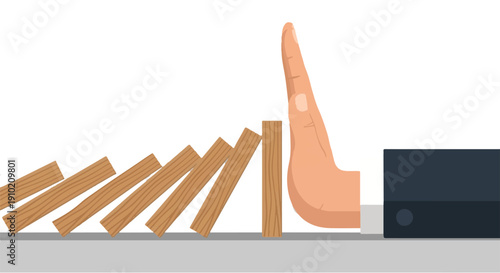 Stopping the domino effect A hand prevents falling wooden blocks, symbolizing proactive crisis management, risk mitigation, and effective problem-solving to avert a chain reaction