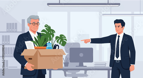 Older worker experiences job dismissal, carrying personal items from the office while a manager points towards the exit, highlighting career changes and employment transitions