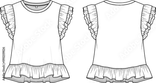 Fashion flat of a white short sleeve t-shirt with ruffled cap sleeves and a ruffled peplum hemline front and back views