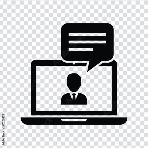 Black silhouette of a man on a laptop with a speech bubble on a transparent background