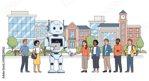 A friendly humanoid robot interacts with a diverse group of students and faculty on a modern university campus, showcasing advanced educational technology.