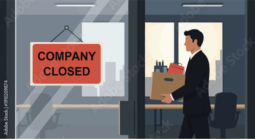 A professional departs a company office with a 'Closed' sign, carrying a box of personal belongings, illustrating job loss and business failure due to economic downturn