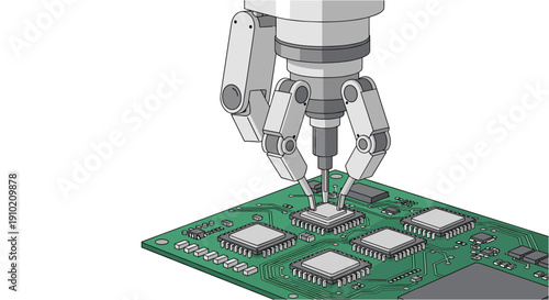 An advanced robotic arm precisely places a microchip onto a green circuit board, symbolizing automation, precision, and modern technological manufacturing processes.