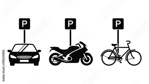 Illustration of various vehicles parked in designated parking spots isolated on white background, Vector