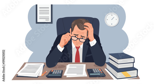 Stressed businessman overwhelmed by workload and financial pressure at his office desk, struggling with burnout and anxiety from corporate responsibilities