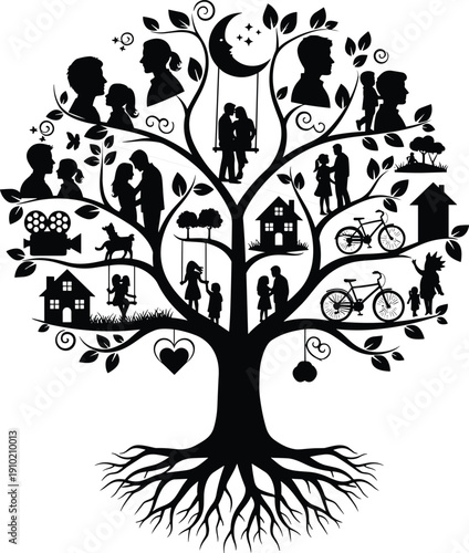 Intricate black silhouette of a family tree illustrating generations of life events including couples, children, houses, bicycles, and a camera on a white background