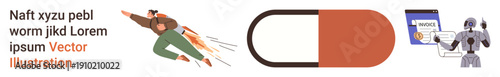 Innovation, technology, healthcare, speed, artificial intelligence, futuristic ideas. A flying person, medicine capsule and robot with a clipboard are . Innovation and technology creatively