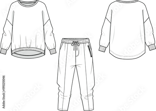 Technical fashion flat of a women's casual loungewear set featuring a crewneck sweatshirt and drawstring joggers