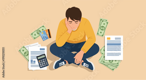 Overwhelmed young man grappling with financial burden, debt, and mounting bills, feeling the heavy weight of money problems and economic stress