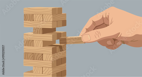 A careful hand delicately extracts a wooden block from a towering stack, symbolizing strategic risk, critical decision-making, and the intricate balance required in complex challenges