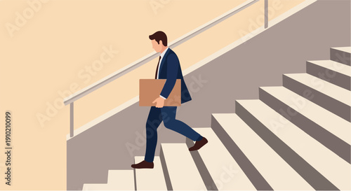 A somber professional descends a corporate staircase with a cardboard box, illustrating the moment of job termination, resignation, or a significant career transition
