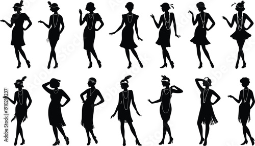 1920s flapper women silhouette collection in vintage dresses and feather headbands, retro jazz age fashion poses isolated on white background illustration set