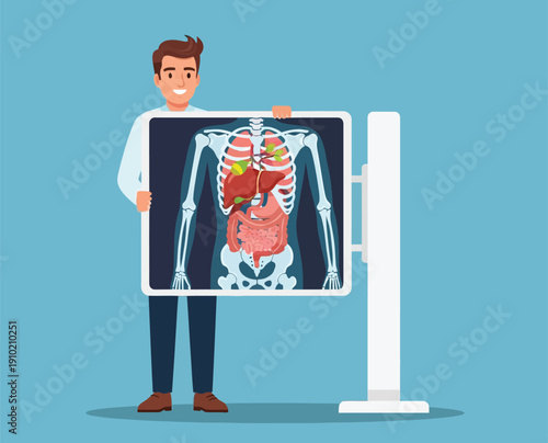 Smiling man holding a large anatomical illustration of human internal organs and skeleton against a blue background. The tone is educational and friendly.