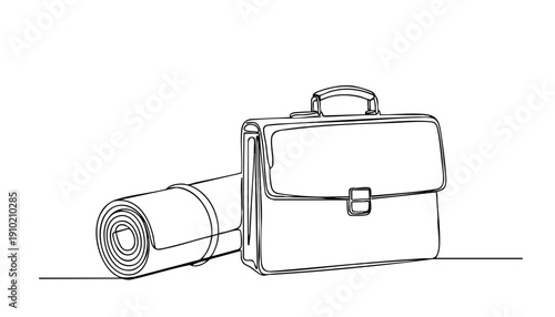 Line Art Illustration of a Rolled Up Mat and a Briefcase